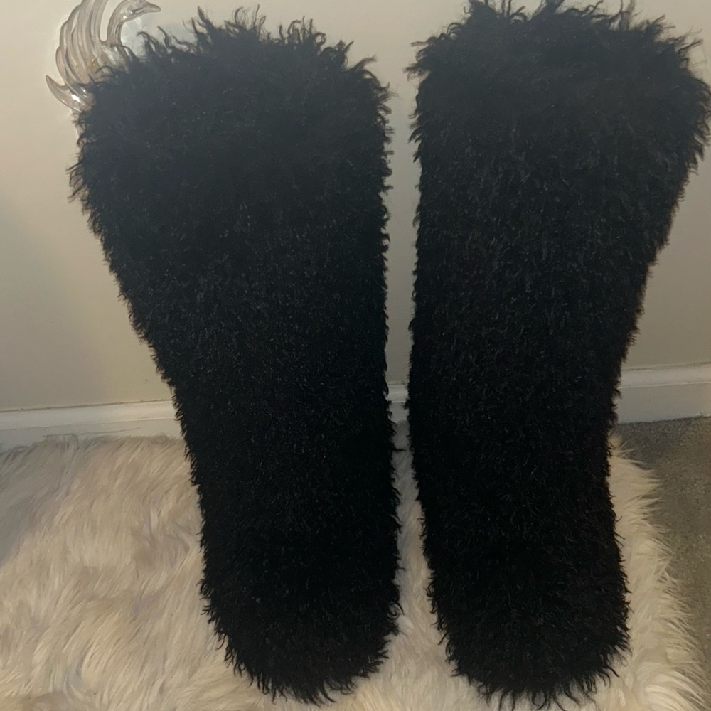 Fuzzy Black Knee-High Boots